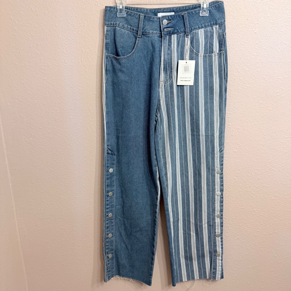 Uniq By Litz Two Tone Pinstripe‎ Snap Side Jeans Blue White LP-41121 Medium